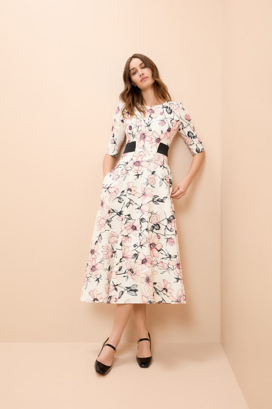 Seraphine Print  Midi Dress - Cream Magnolia Print